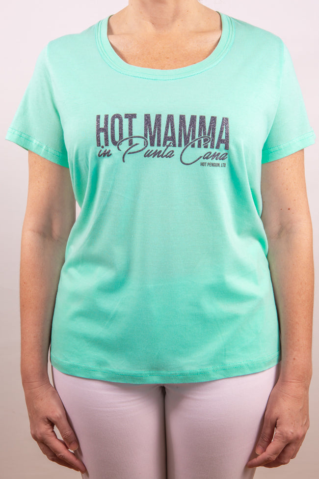 Hot Mamma in Punta Cana t-shirt for women in aqua green
